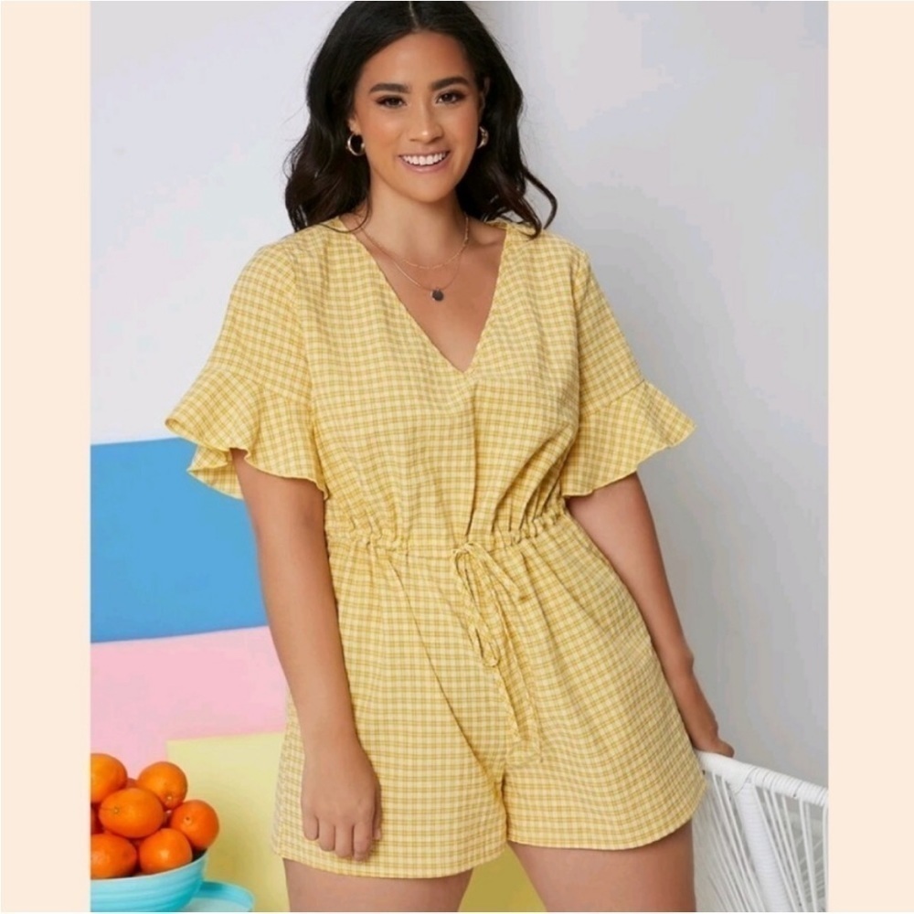 SHEIN Gingham Romper in Yellow Colour